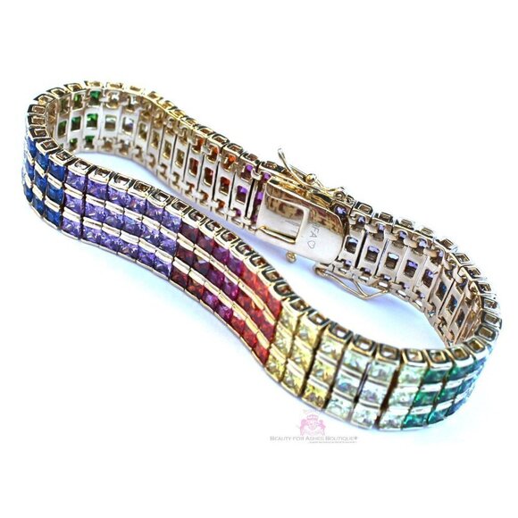 Multicolor Rainbow Yellow Gold Plated Gods Promise Triple Row Bracelet 7.25" - Picture 1 of 7